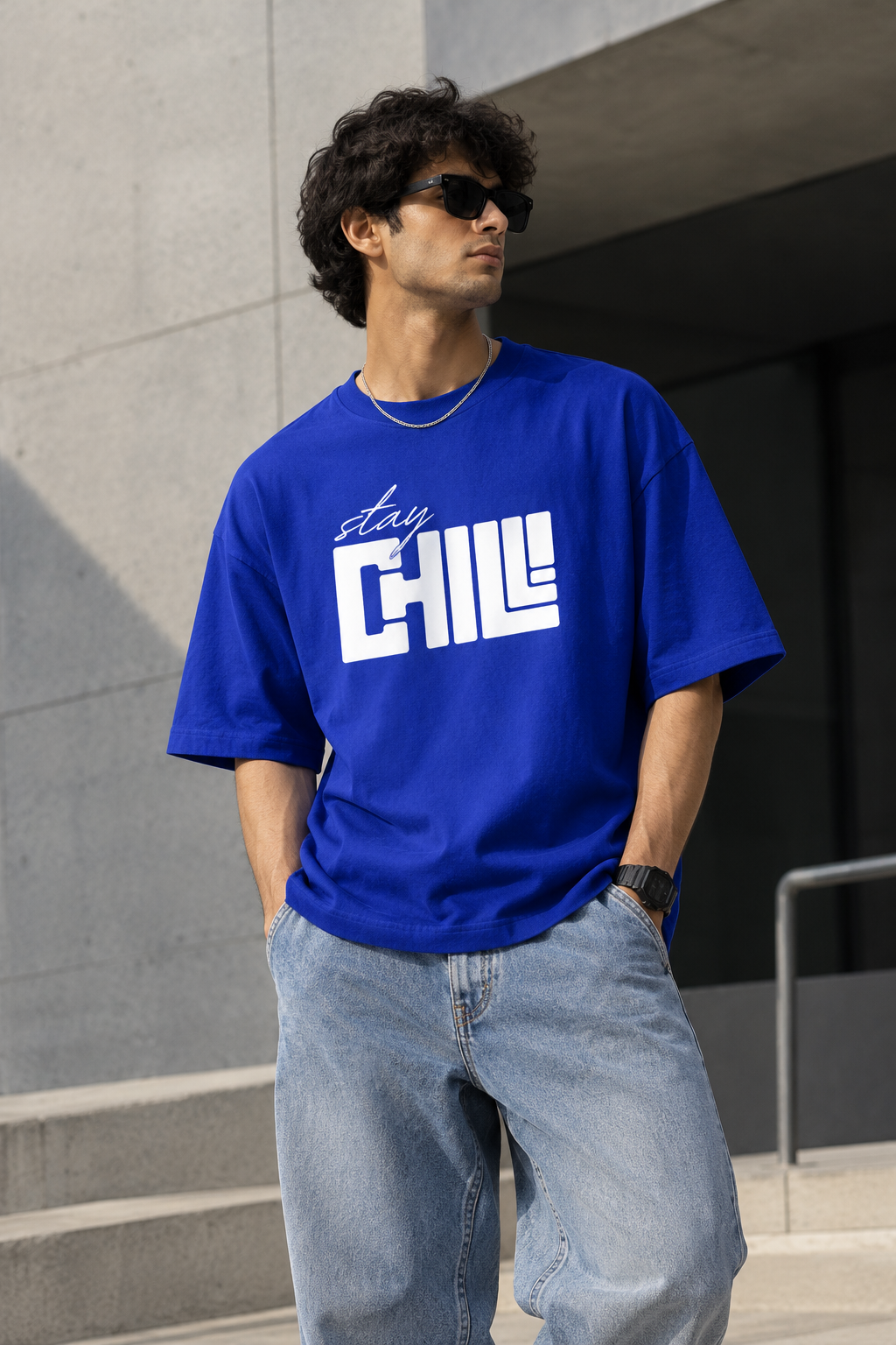 Stay Chill Print Blue Oversized T-Shirt