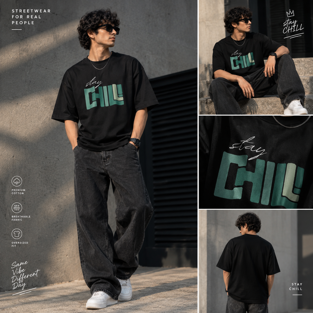 Stay Chill Print Black Oversized T-Shirt