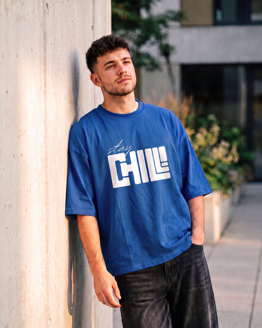 Stay Chill Print Blue Oversized T-Shirt