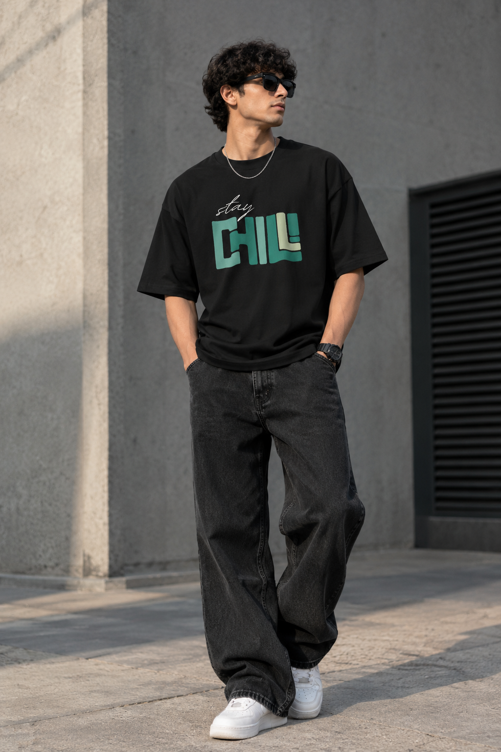 Stay Chill Print Black Oversized T-Shirt