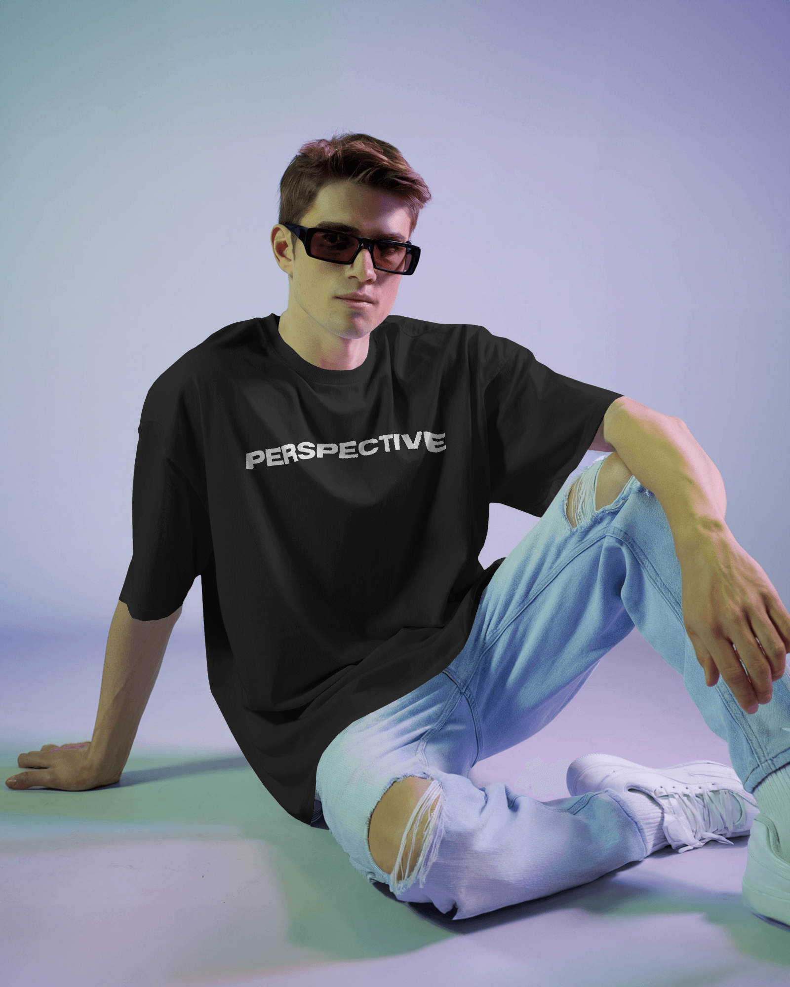 Perspective Print Black Oversized Regular T-Shirt for Men